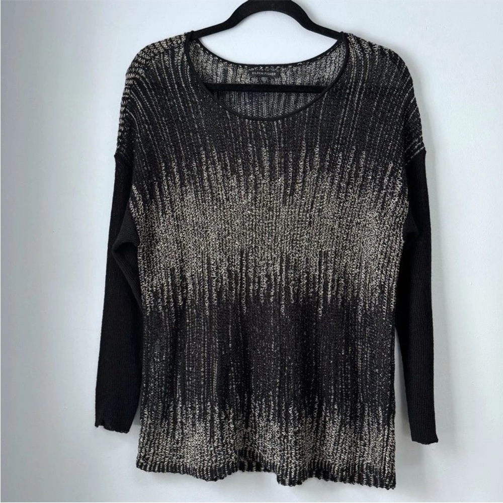 Eileen Fisher Washable Wool & Linen Black Silver Stripes Open Knit Sweater M